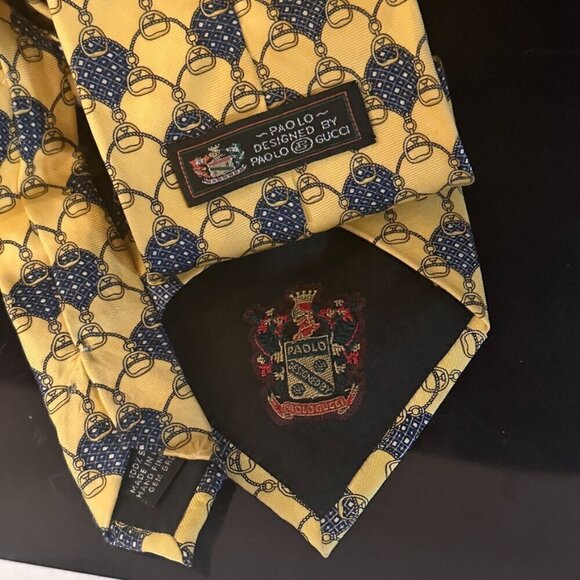 Gucci Logo Silk Tie Horsebit Yellow Black Mint Mens Gift Horse Bit Equestrian - Picture 5 of 5